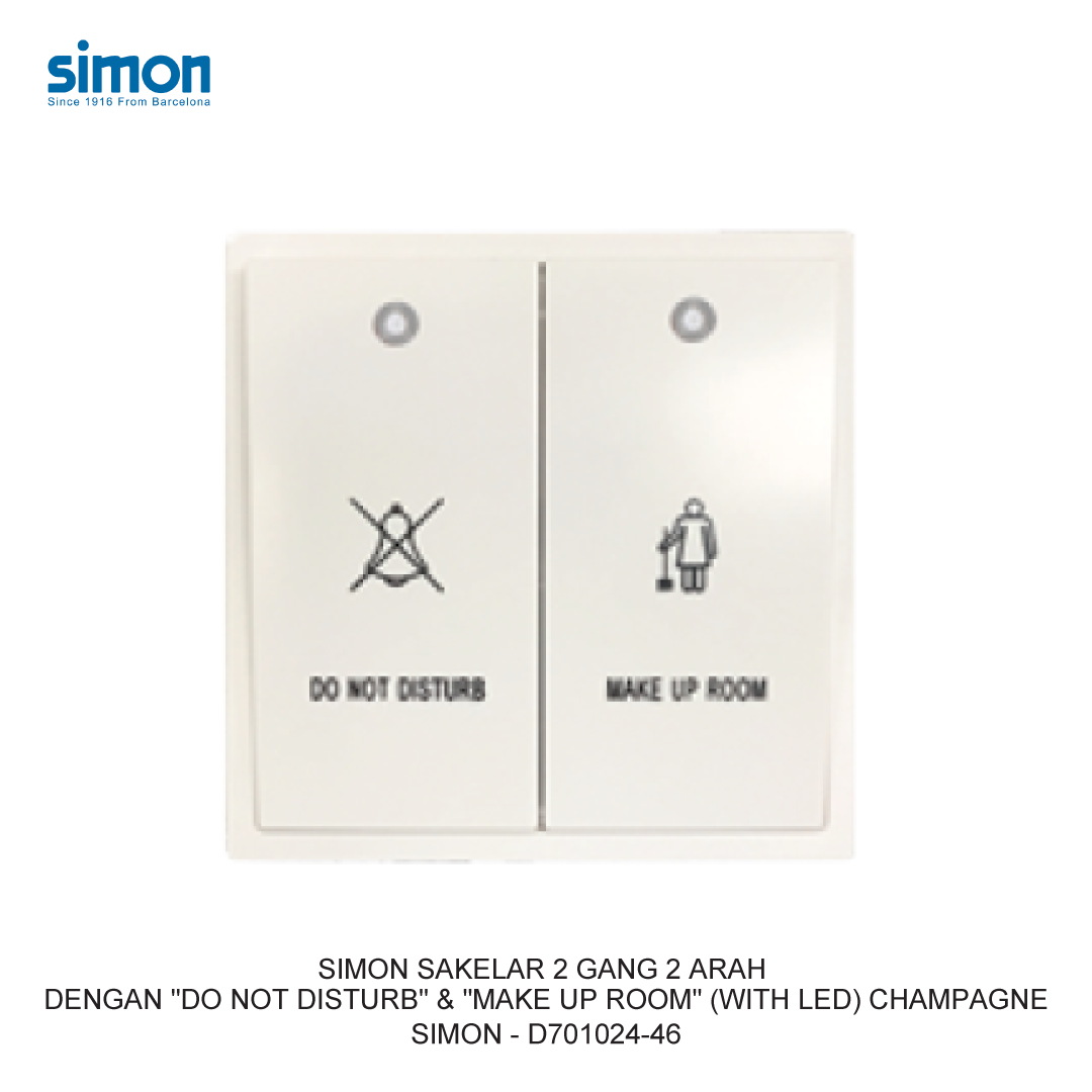 SIMON i7 SAKELAR 2 GANG 2 ARAH DENGAN "DO NOT DISTURB" & "MAKE UP ROOM" (WITH LED) CHAMPAGNE