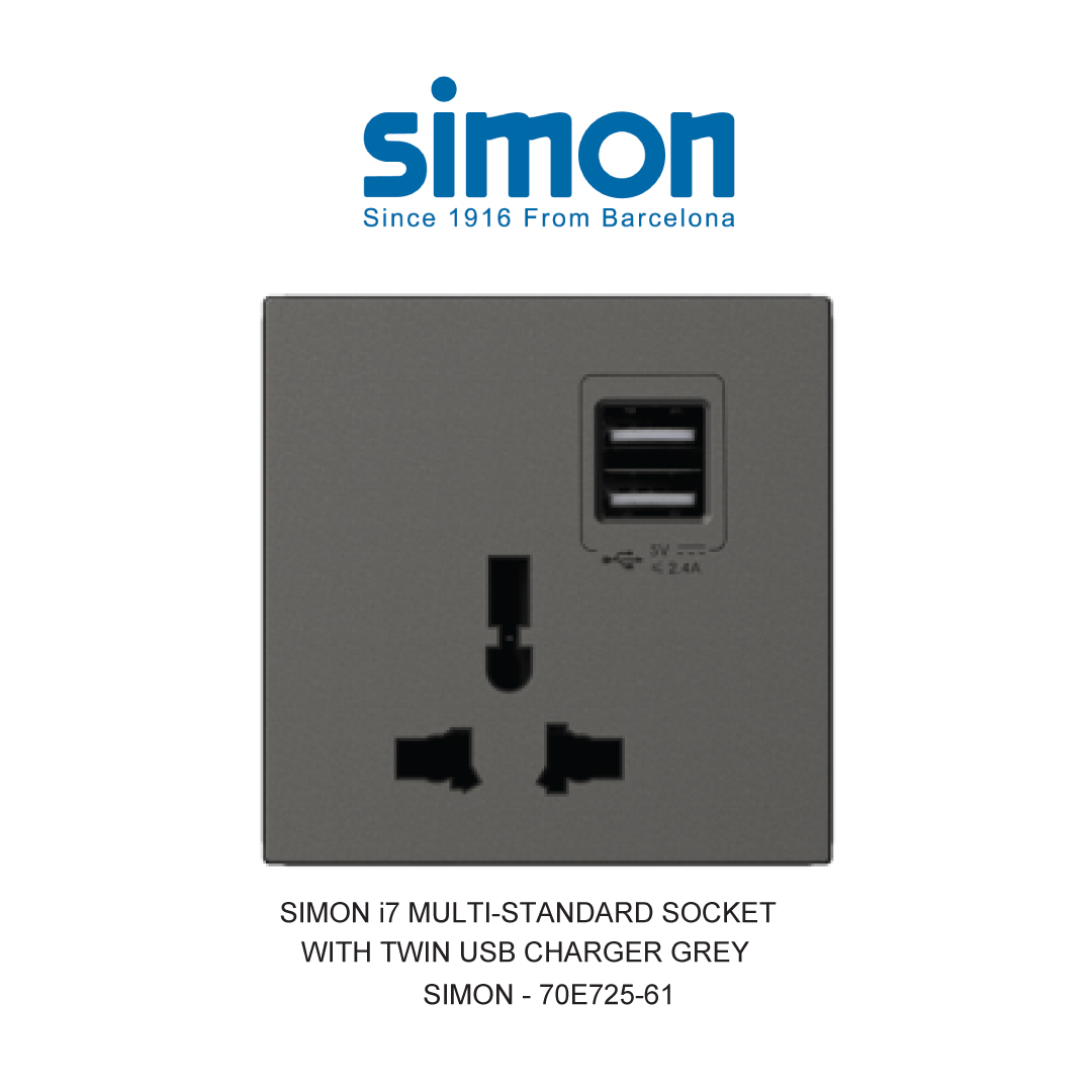 SIMON i7 MULTI-STANDARD SOCKET WITH TWIN USB CHARGER GREY
