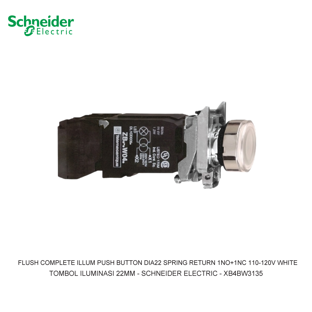 FLUSH COMPLETE ILLUM PUSH BUTTON DIA22 SPRING RETURN 1NO+1NC 110-120V WHITE