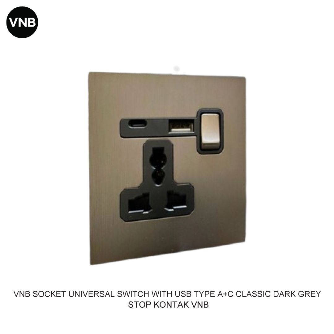 VNB SOCKET UNIVERSAL SWITCH WITH USB TYPE A+C CLASSIC DARK GREY