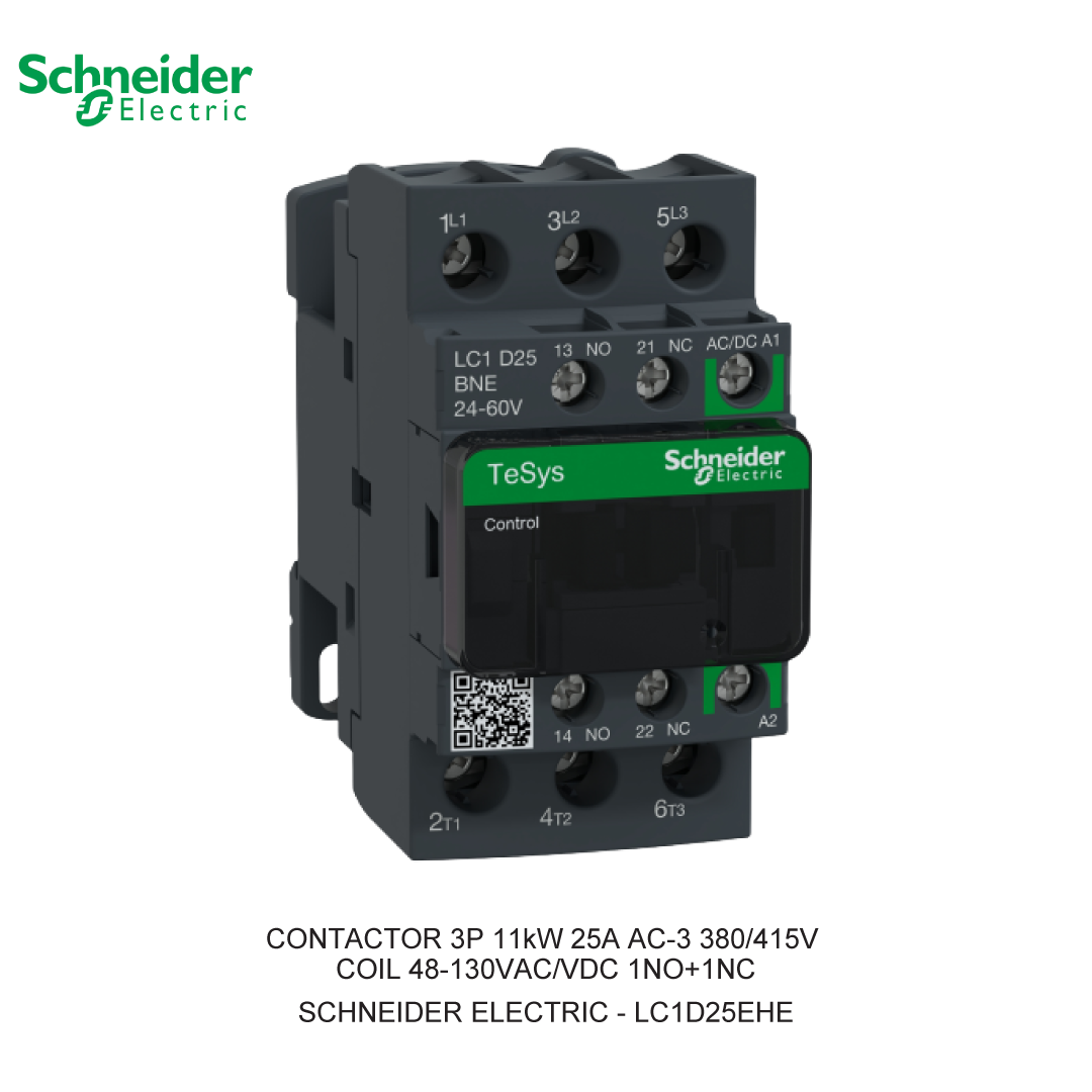 CONTACTOR 3P 11kW 25A AC-3 380/415V COIL 48-130VAC/VDC 1NO+1NC