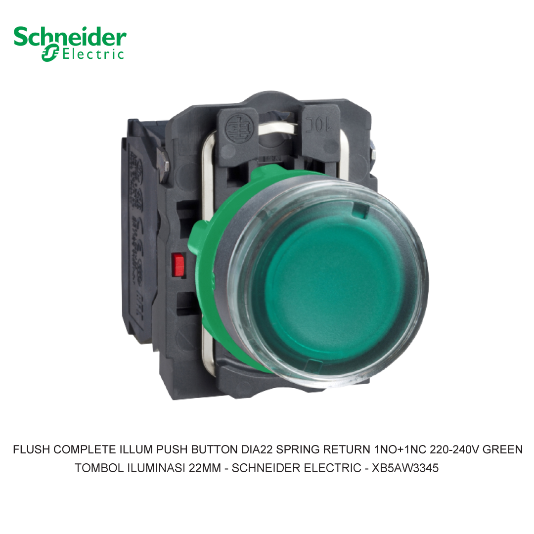 FLUSH COMPLETE ILLUM PUSH BUTTON DIA22 SPRING RETURN 1NO+1NC 220-240V GREEN