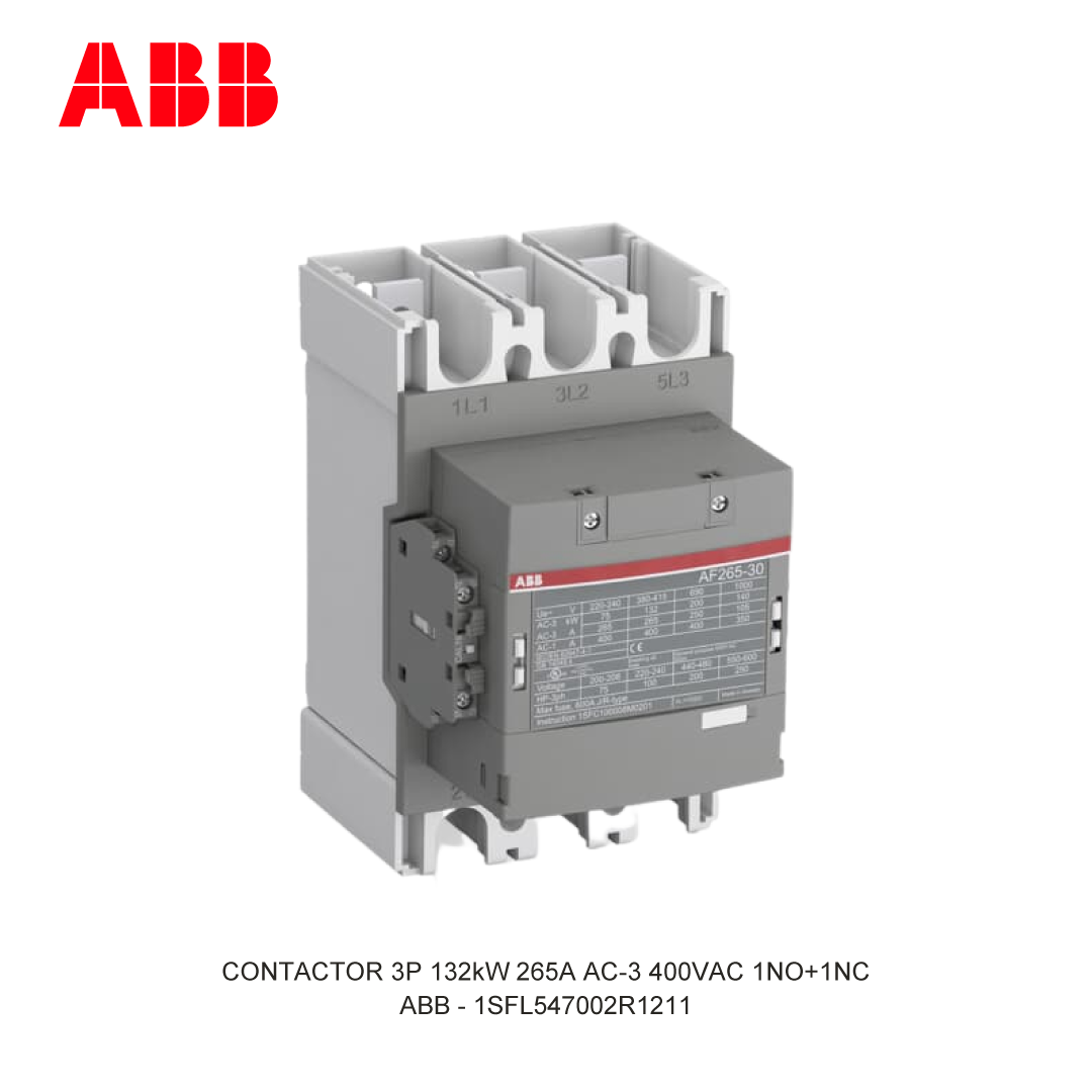 CONTACTOR 3P 132kW 265A AC-3 48-130V AC/DC 400V COIL 1NO+1NC